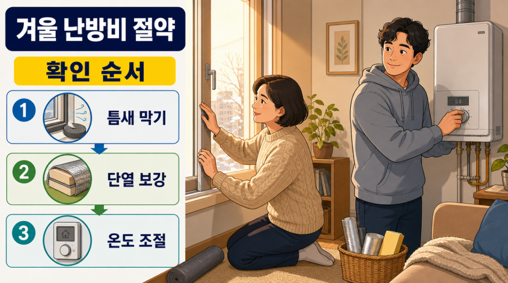 겨울철 거실에서 한 여성이 창문 틈새를 막고 한 남성이 보일러 다이얼을 조절하는 모습으로, 단열 보강 후 온도 설정을 낮추는 올바른 순서를 보여주는 장면