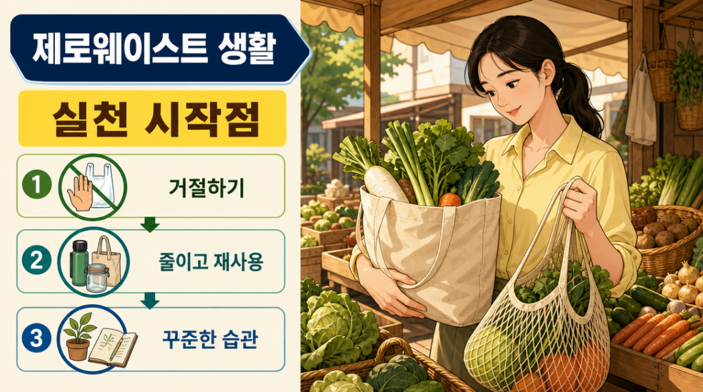 전통시장에서 무늬 없는 천 장바구니와 그물 주머니로 장을 보는 30대 여성의 모습을 담은 제로웨이스트 생활 대표 이미지