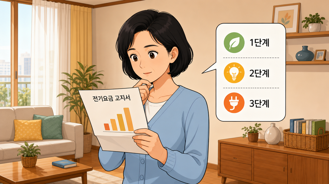 계시별 요금제 가정용 미적용 현황과 전기요금 고지서를 확인하는 장면 일러스트