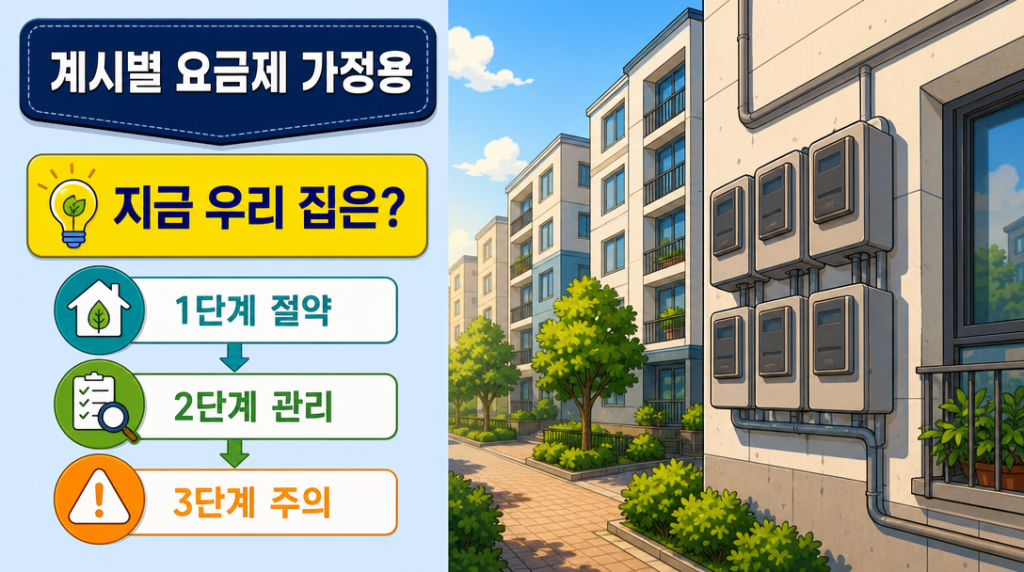 계시별 요금제 가정용 적용 여부와 주택용 누진제 3단계 구조를 설명하는 인포그래픽 대표 이미지