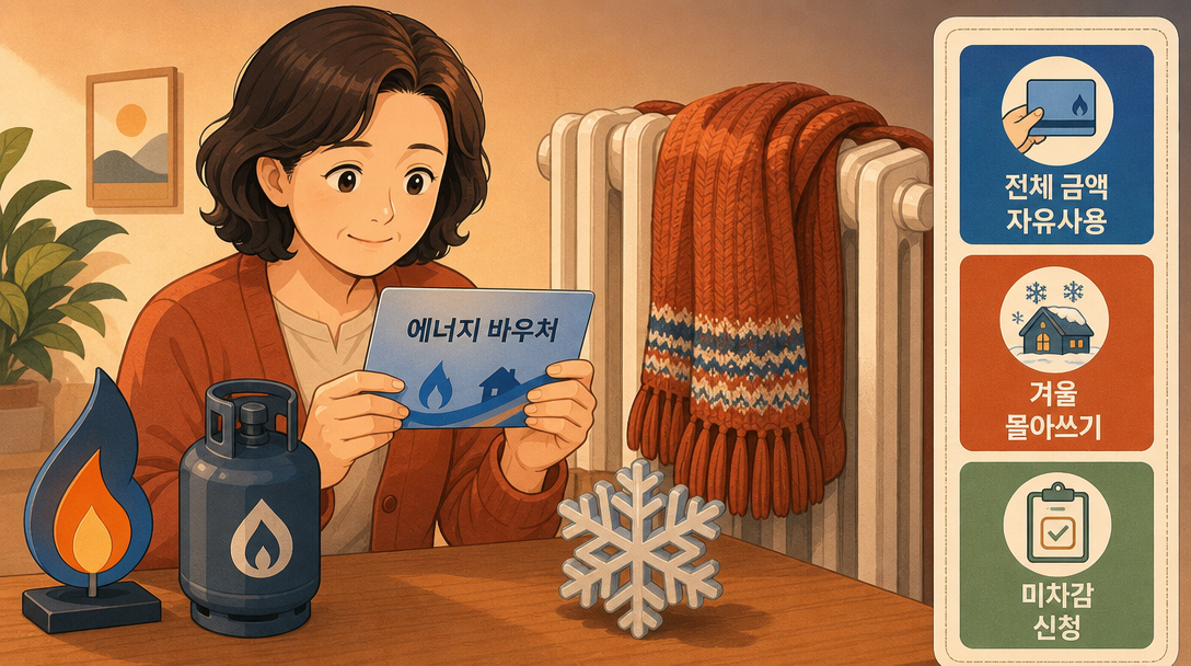 에너지바우처 계절 구분 폐지 이후 하절기 미차감 신청과 동절기 사용 배분을 설명하는 일러스트