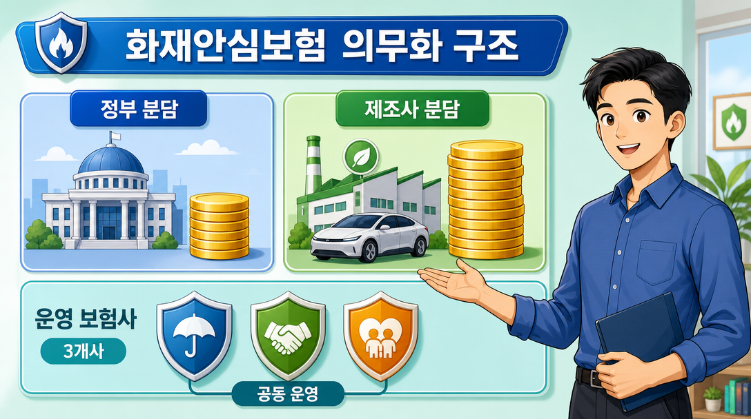 전기차 화재안심보험 제도 개요와 정부·제조사 보험료 분담 구조 인포그래픽