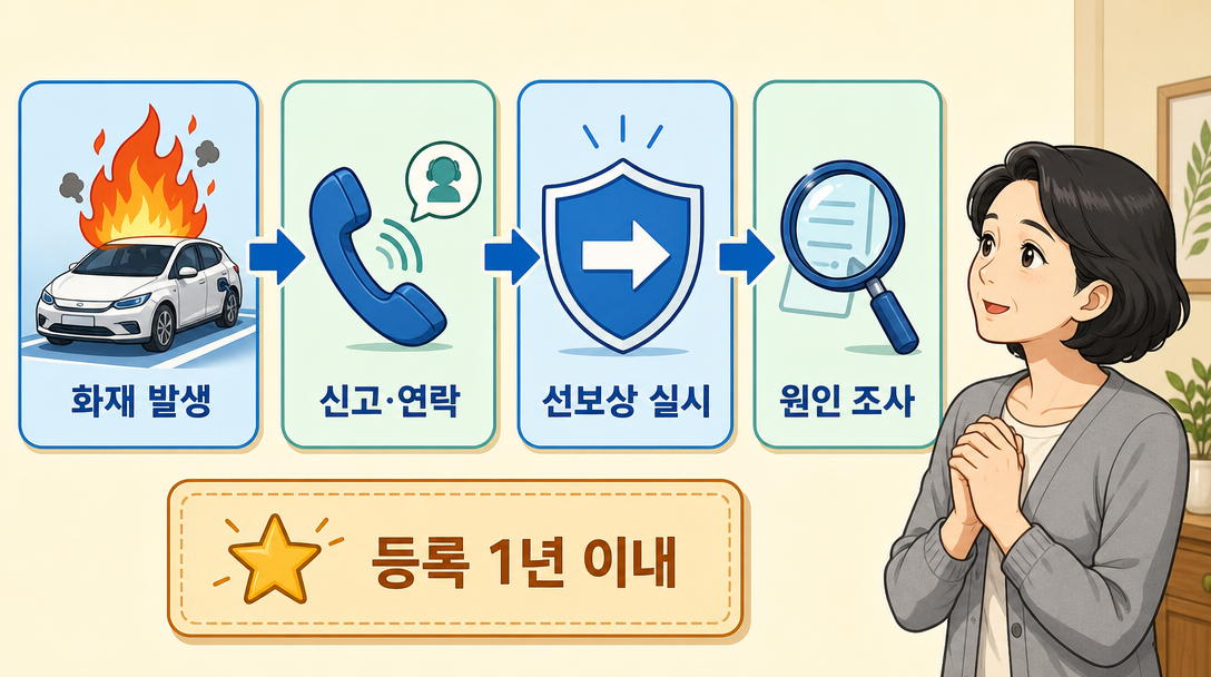 전기차 화재안심보험 무과실책임주의 적용과 선보상 절차를 설명하는 인포그래픽