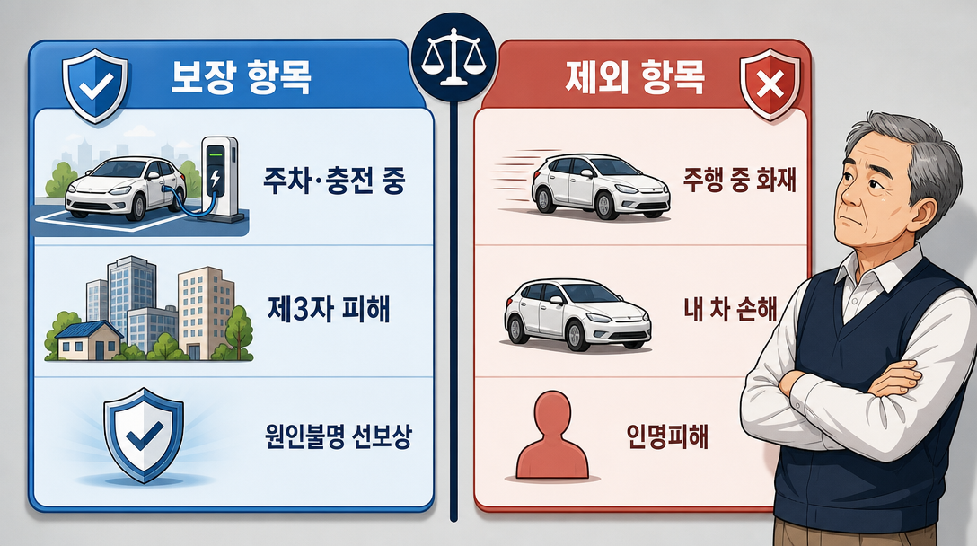 전기차 화재안심보험 보장 범위와 제외 항목 비교 인포그래픽