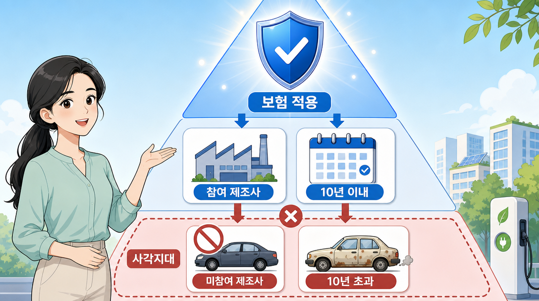 전기차 화재안심보험 사각지대와 보험 적용 제외 차량을 알려 주는 인포그래픽