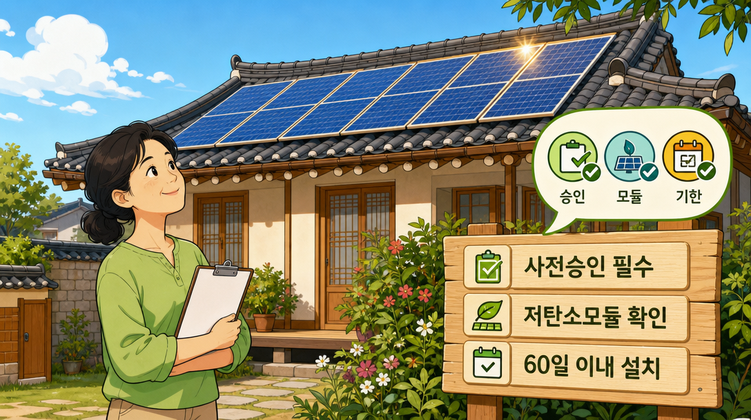 단독주택 지붕 태양광 패널 설치 장면과 태양광 보조금 신청 주의사항 안내