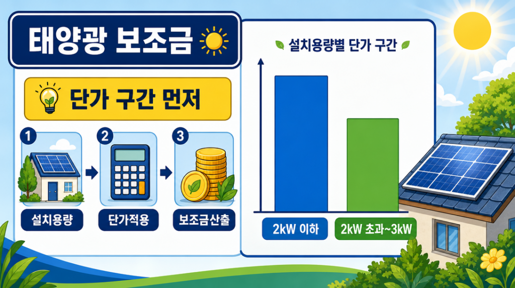 태양광 보조금 kW당 단가 구간별 비교 인포그래픽