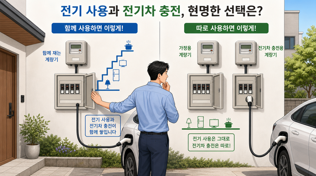 전기차 충전요금 차이를 가르는 계량기 두 갈래를 나란히 비교한 일러스트