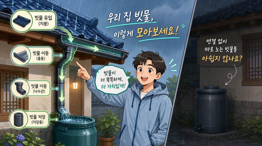 빗물 재활용 시스템 구성도. 지붕에서 홈통과 배수관을 거쳐 저장 탱크로 모이는 경로와, 연결 없이 통만 놓아둔 경우를 나란히 견준 일러스트