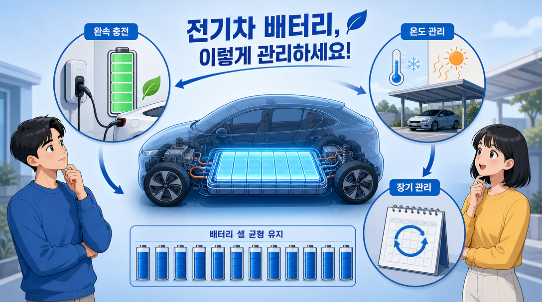 전기차 배터리 수명 관리의 세 갈래인 완속 충전과 온도 관리, 장기 관리를 나눠 보여 주는 일러스트