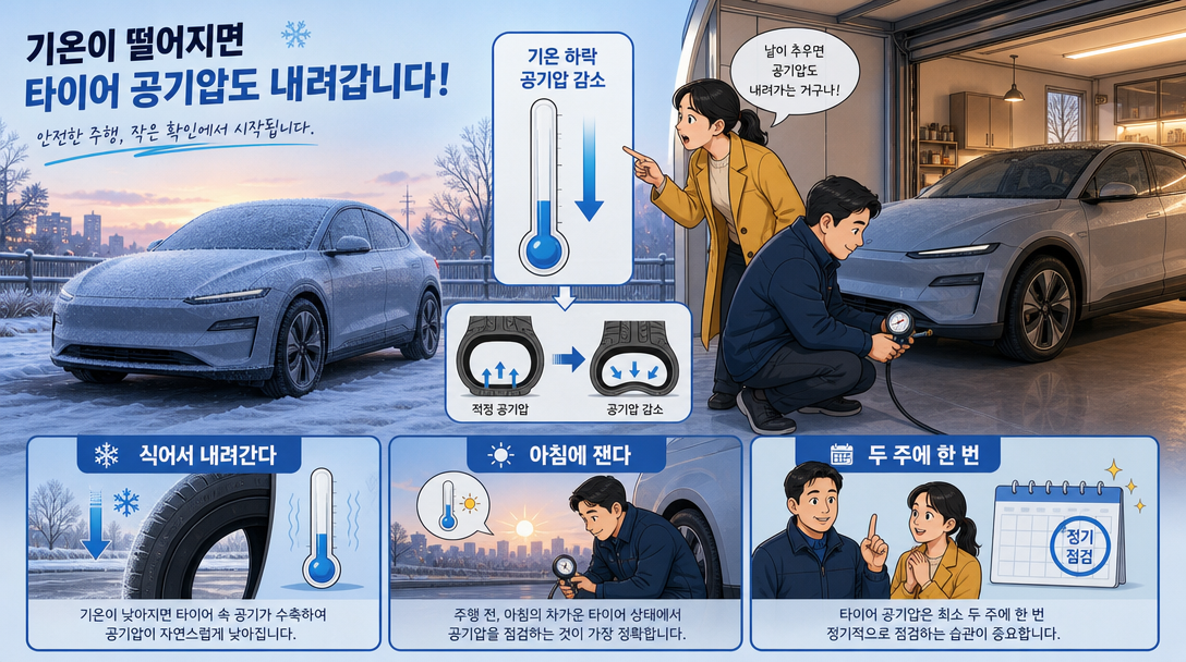 기온 하락과 아침 측정을 나눠 보여 주는 타이어 공기압 관리 시점 일러스트