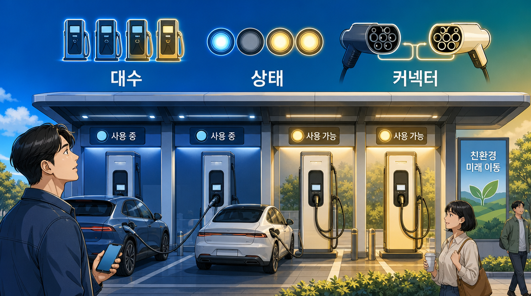 급속충전소 위치 확인과 함께 대수·사용 상태·커넥터를 살피는 장면 일러스트