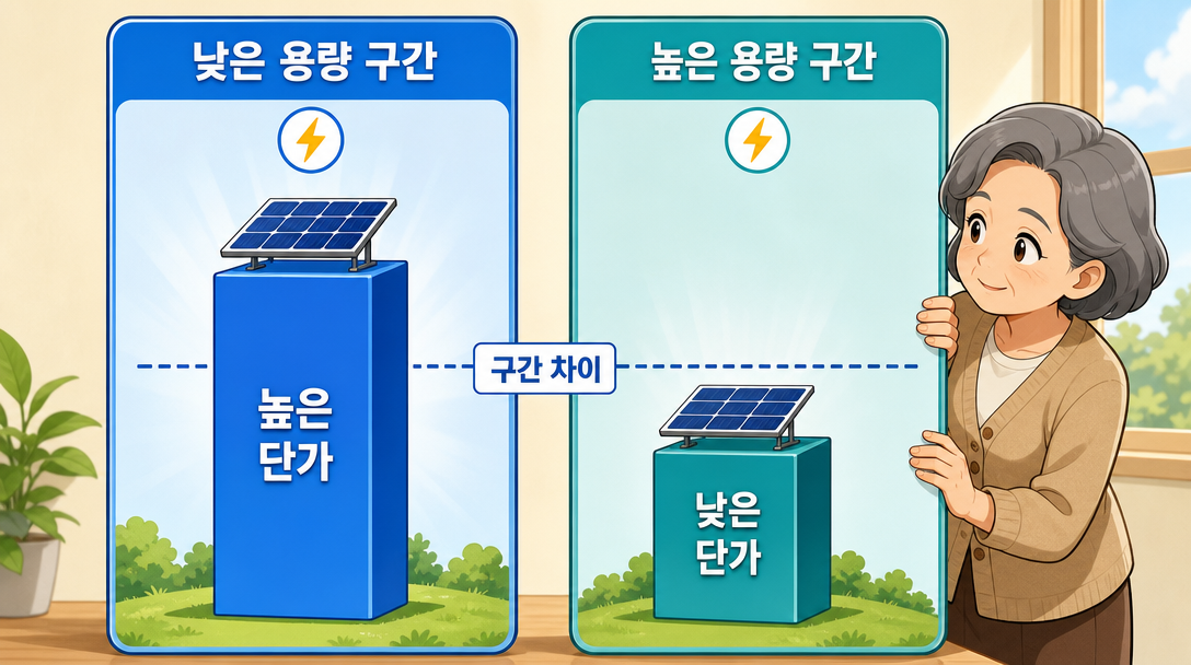태양광 보조금 용량 구간별 단가 차이를 비교하는 인포그래픽