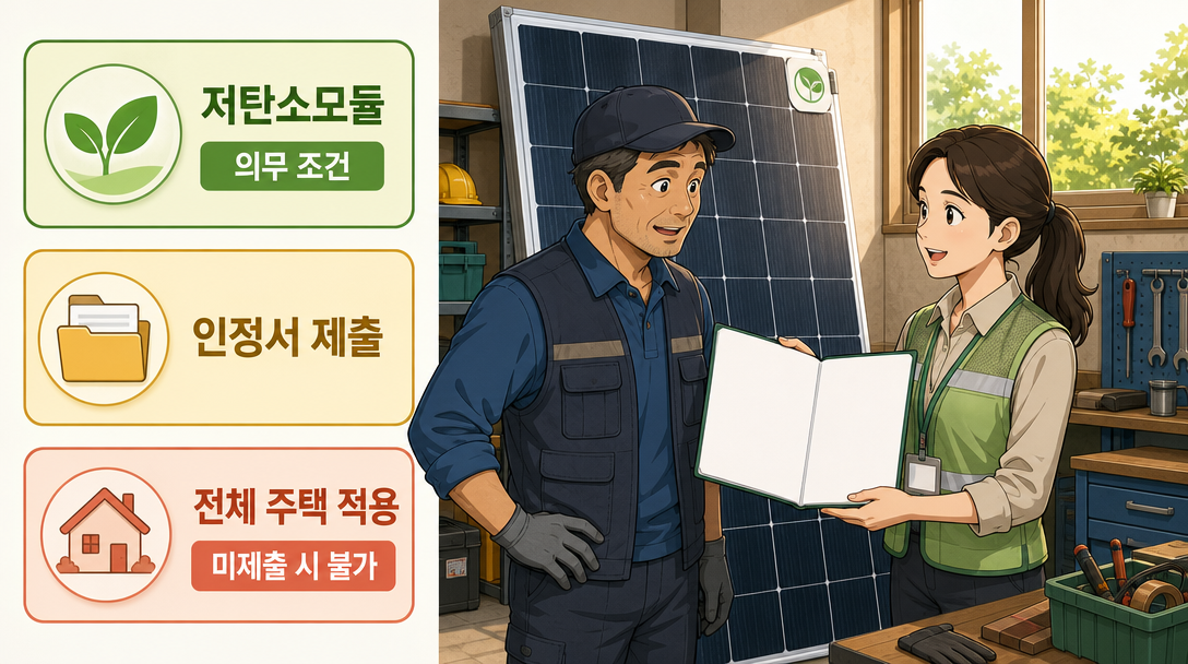 저탄소모듈 의무 조건과 인정서 제출 절차를 설명하는 인포그래픽