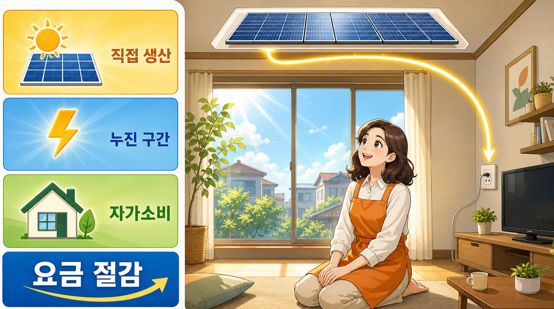 태양광 보조금 수령 후 자가소비 절전 효과를 설명하는 인포그래픽