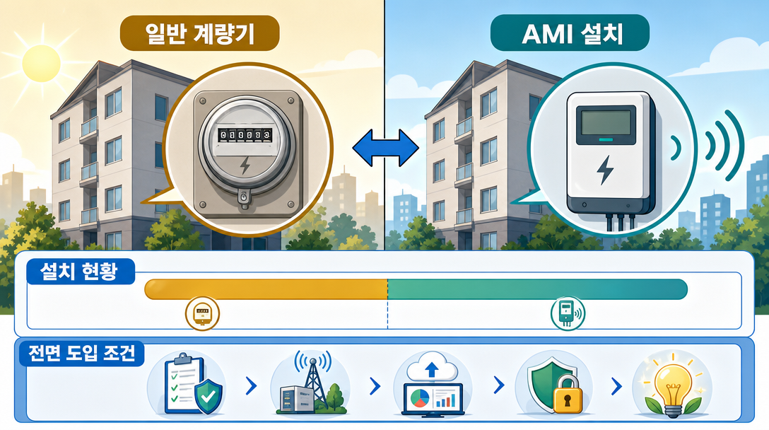 계시별 요금제 가정용 미적용 이유와 AMI 인프라 현황을 설명하는 인포그래픽