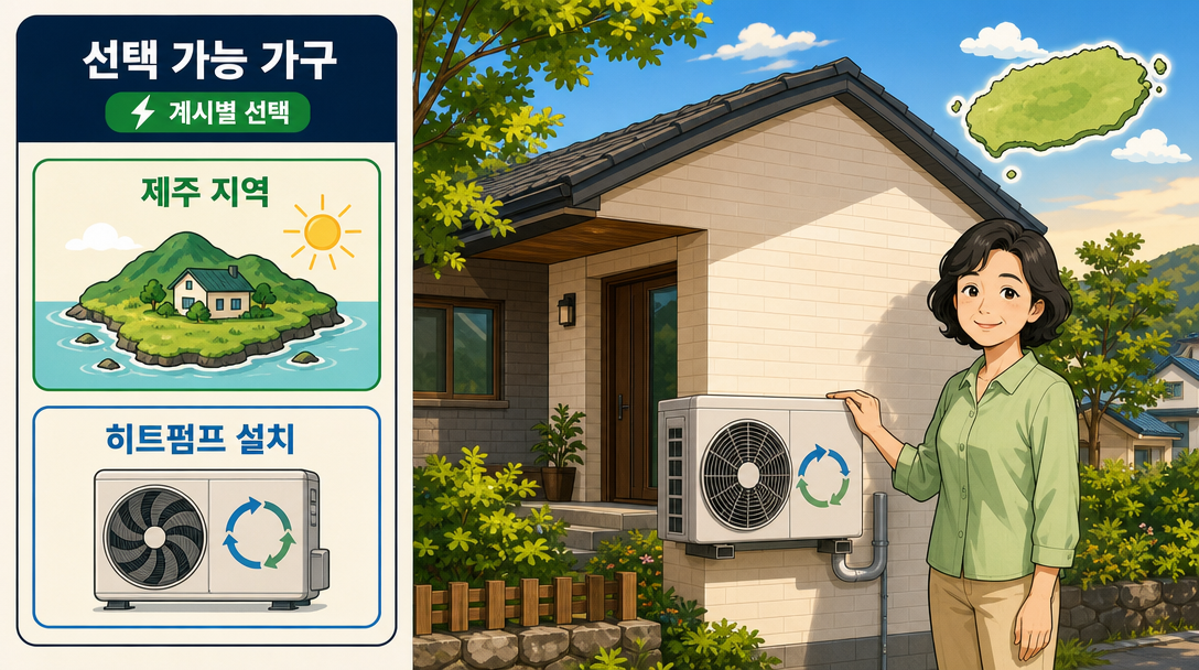 제주 계시별 요금제 시범 운영과 히트펌프 설치 가구 선택 옵션을 설명하는 인포그래픽