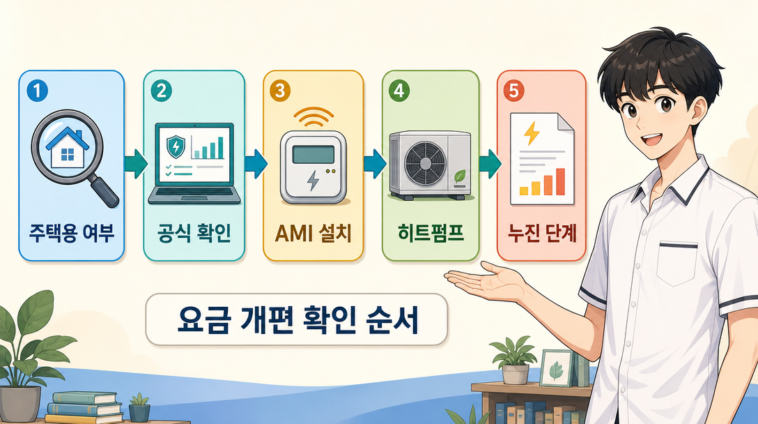 요금 개편 소식 확인 순서와 주택용 포함 여부 판별 원리를 설명하는 인포그래픽