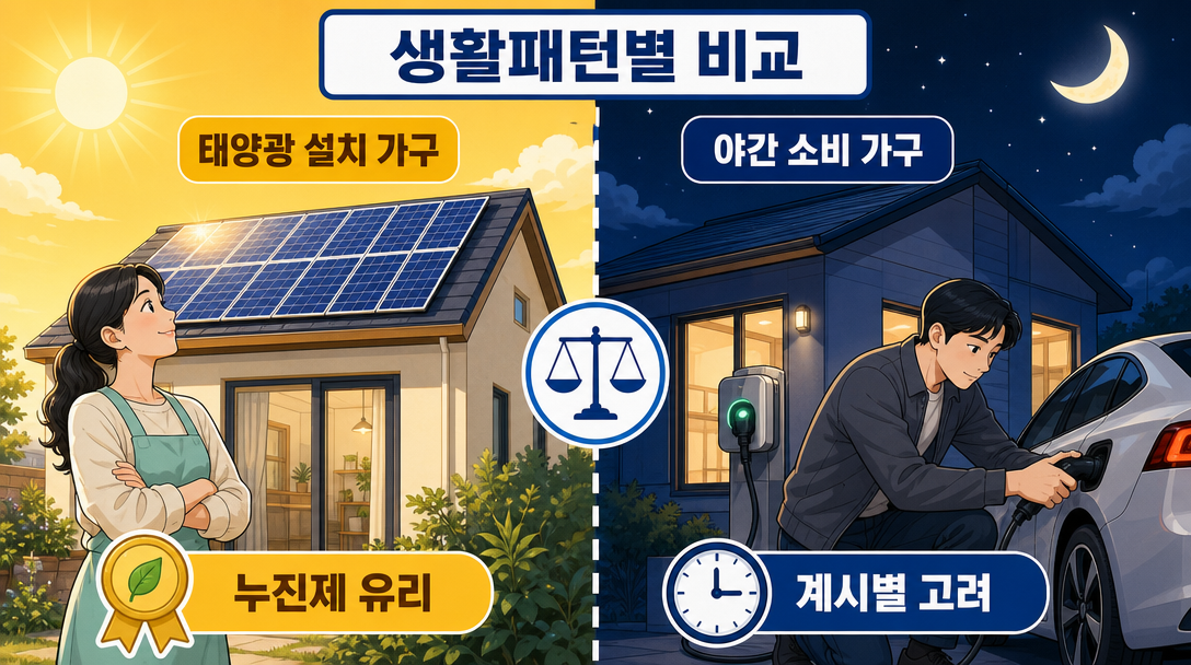 태양광 설치 가구와 야간 소비 가구의 요금제 유불리를 비교하는 인포그래픽